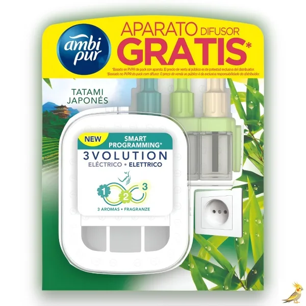 AMBI PUR 3VOLUTION – Pack de Ambientador Eléctrico Fragancia Tatami Japonés + Aparato Difusor de 3 Aromas – 3VOLUTION Alterna los 3 Aromas cada 45 minutos – Frescura Duradera por hasta 90 Dias Continuos – AMBI PUR